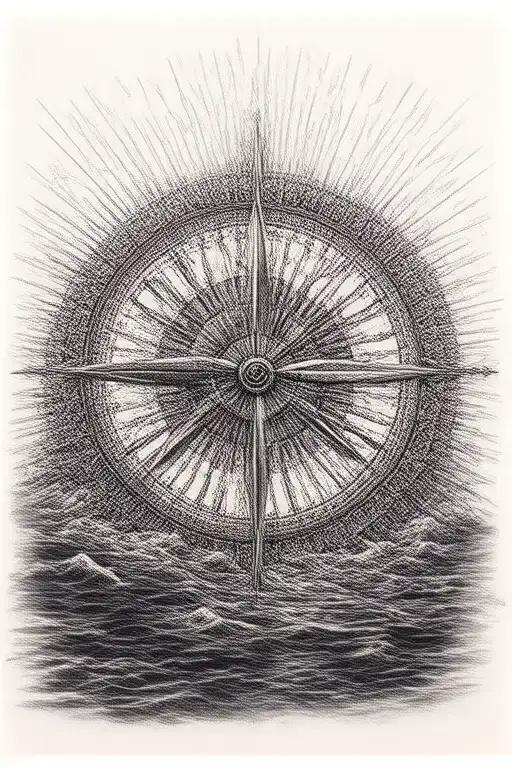 A Detailed Compass Rose Surrounded By Flowing Water And Sun Rays Representing Guidance And Strength
