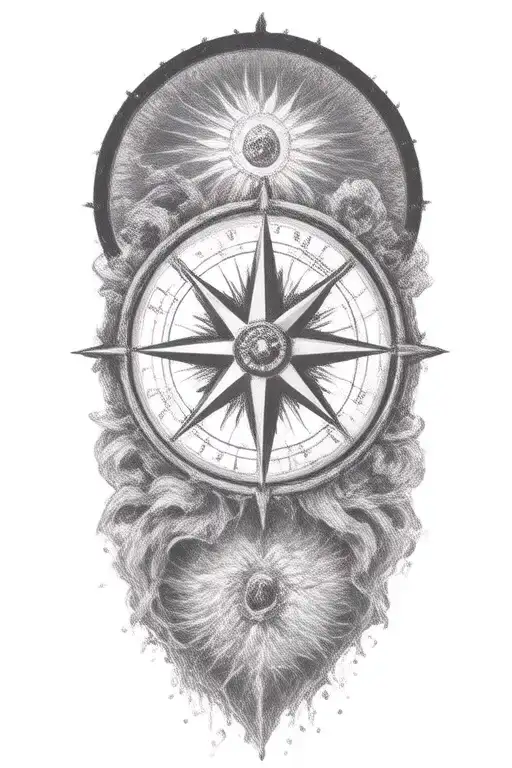 A Detailed Compass Rose Surrounded By Flowing Water And Sun Rays Representing Guidance And Strength