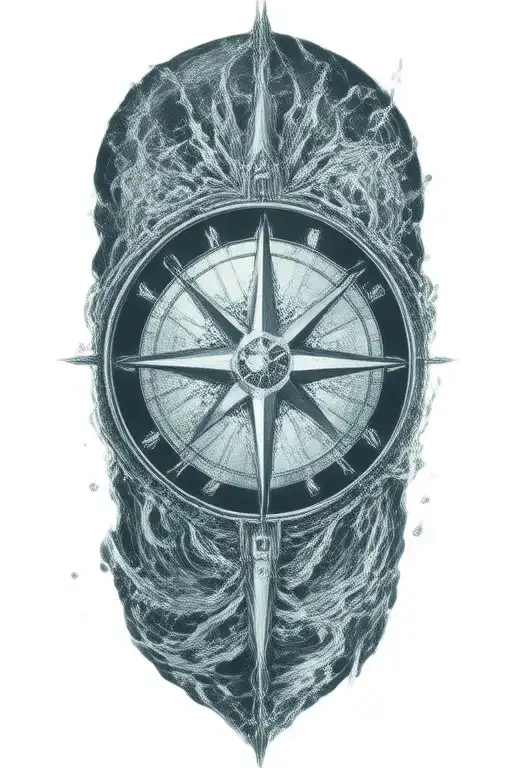 A Detailed Compass Rose Surrounded By Flowing Water And Sun Rays Representing Guidance And Strength