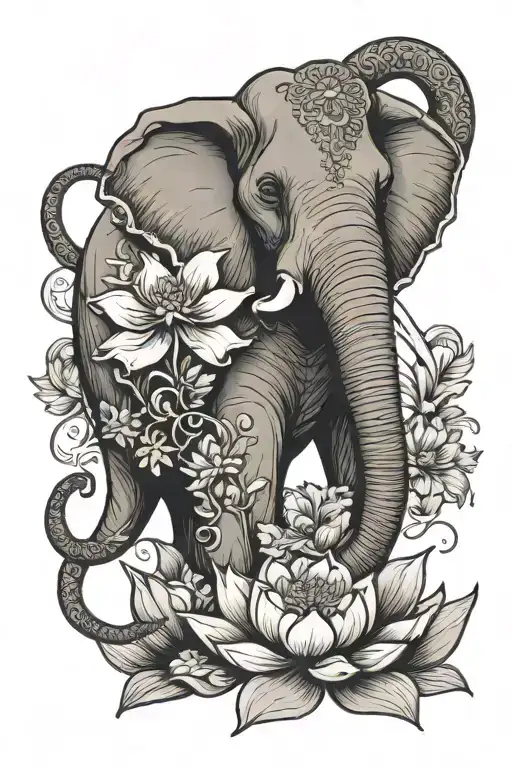 Elephant And Flower Blooming Lotus Flower