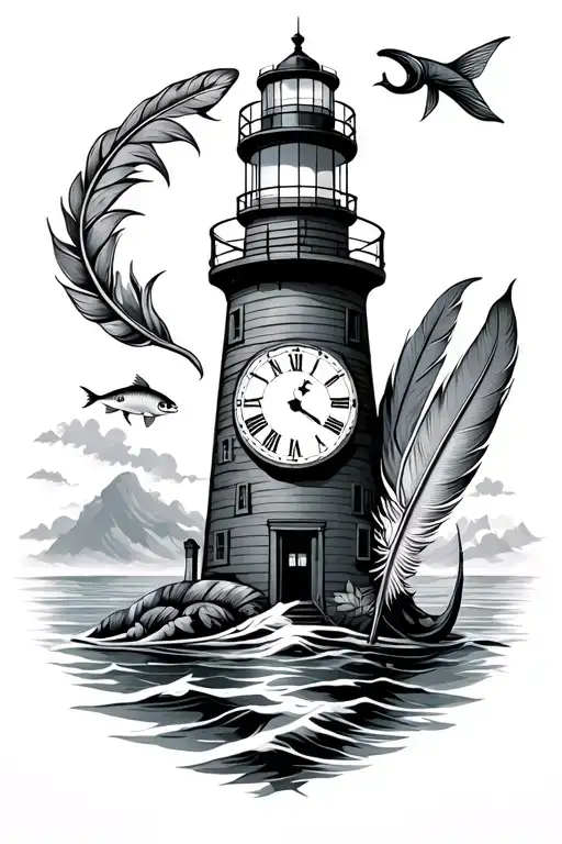 Lighthouse With Clock Indian Feather And Fish