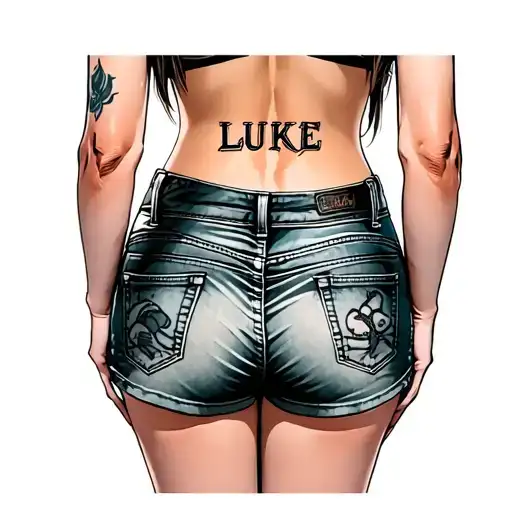 A Tattoo Of The Word Luke On A Girl's Lower Back Above A Miniskirt