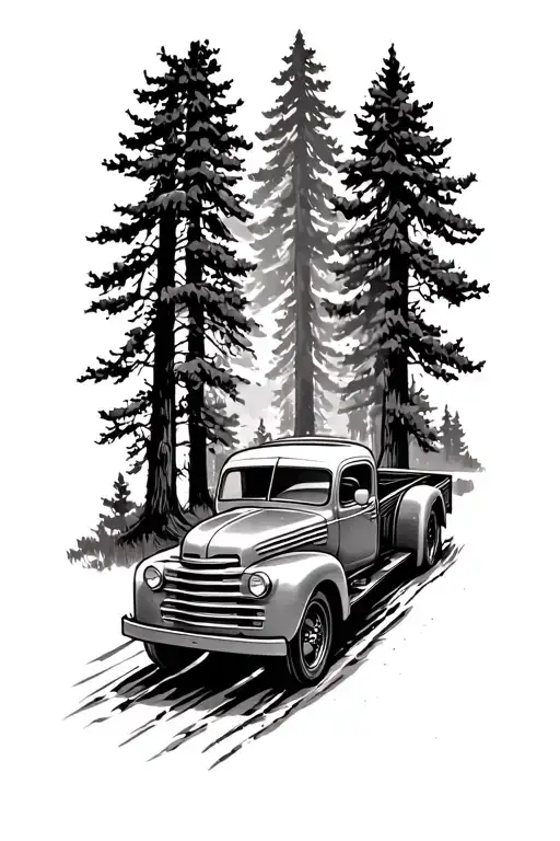 A Tattoo Design Of A Vintage Truck Cruising Through A Forest