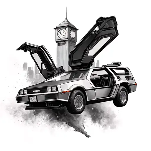 Back To The Future Delorean With Clock Tower Flying Through Time