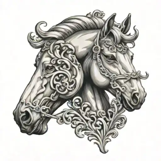 Horse Head In Baroque Frame On Black Background