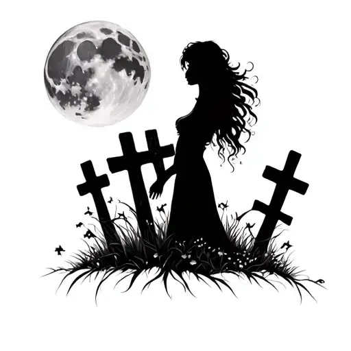 Silhouette Of A Woman In A Graveyard Against The Moon