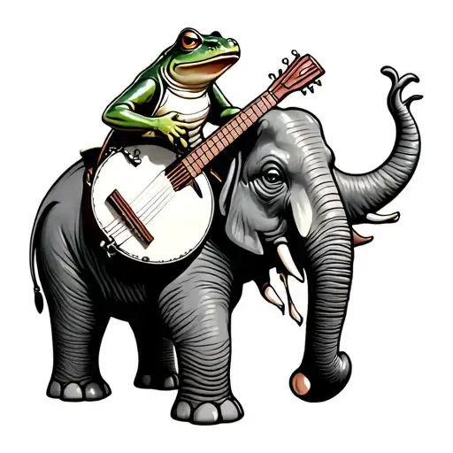 A Frog Playing A Banjo While Riding An Elephant That's Cute And Has Some Color But Not To Much
