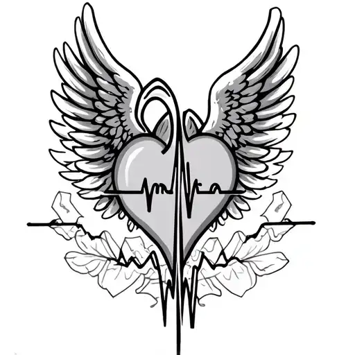 Heartbeat Line That Goes Into A Name With Angel Wings Around Line