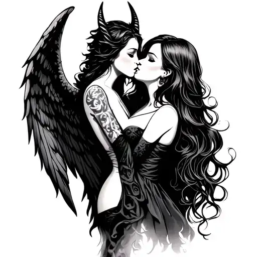 Angel Girl Kissing Demon Girl