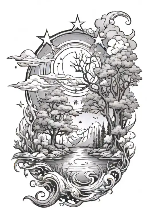 Nature With Trees And Water And Stars And Fire