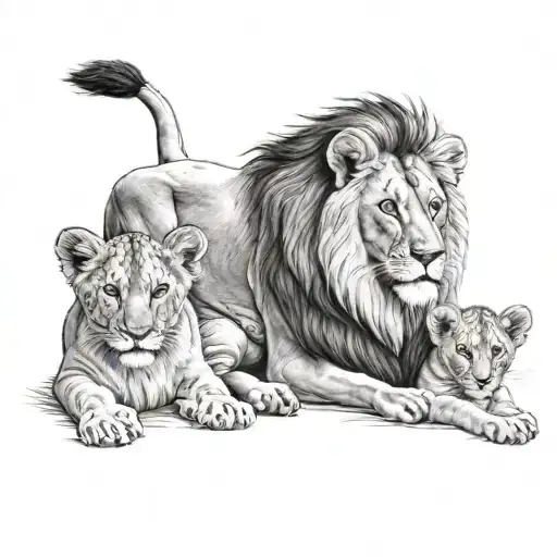 Lion With Two Female Cubs