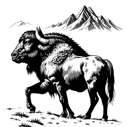 Buffalo In Mountains And Horse In Western Desert Landscape