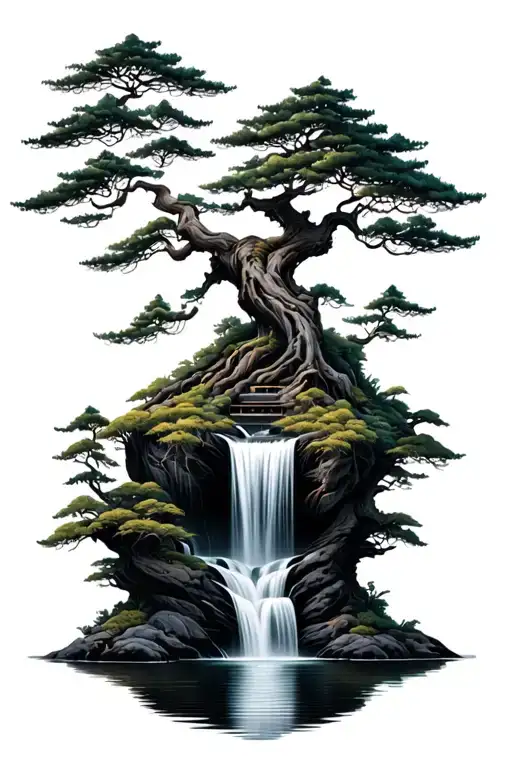 Japanese Bonsai Tree Overgrown Waterfall Surrounded