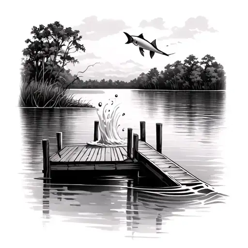 Louisiana Bayou With A Dock And A Porcelain Fin Coming Out Of The Water