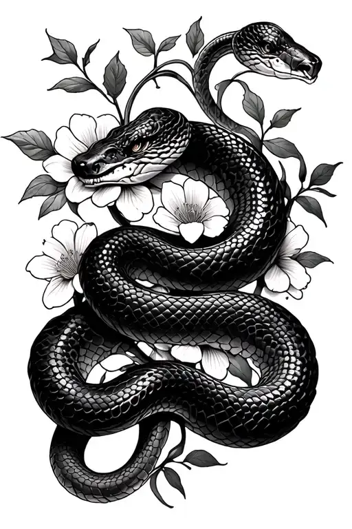 Snake Intertwined With Vines And Flowers