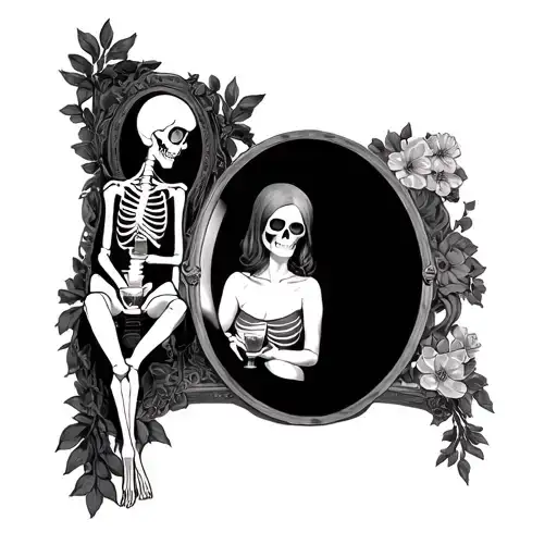 Upper Arm Tattoo Half Girl Half Skeleton Mirror Women Sitting Reflection Holding A Drink