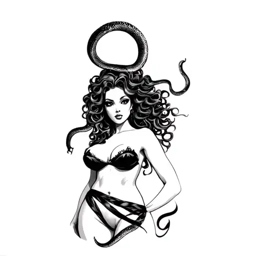 Black And White Medusa With Snake Hair In Pin Up Girl Style For The Thigh