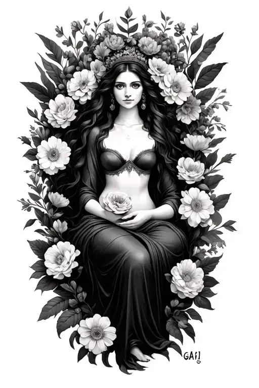 Gaia Deesse Sitting And Flowers Surrounding Them