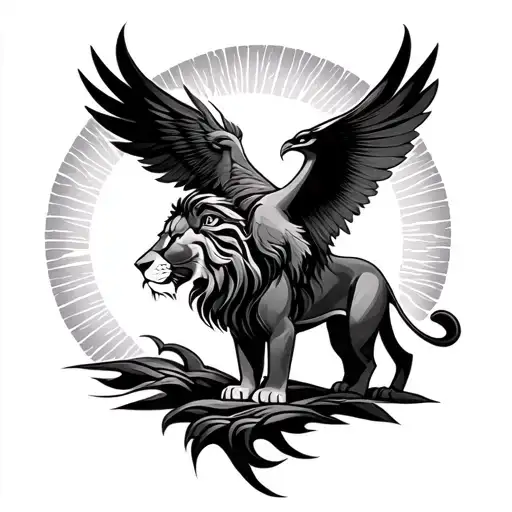 Lion King With Sun Rising Phoenix Bird