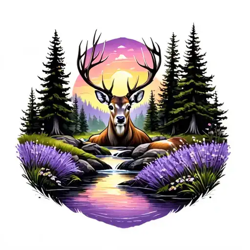 Woods Deer And Stream With Deep Purple Lavender And Pink