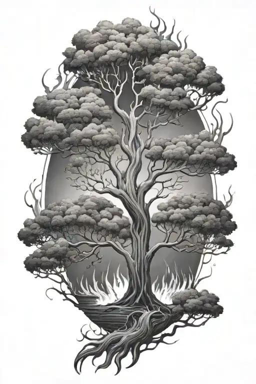Surreal Tree On Fire Grayscale