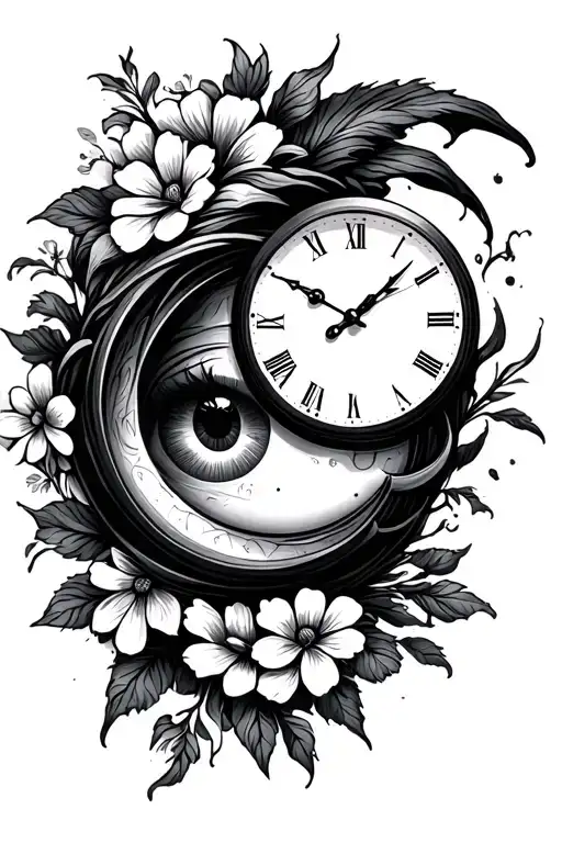 Clock With Eye And A Moon With Flowers