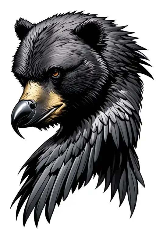 Bear Head Profile Facing Opposite A Swooping Raven