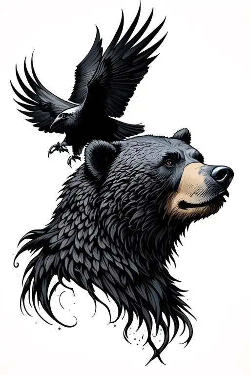 A Right Facing Bear Head In Profile With A Swooping Raven Facing It On The Right