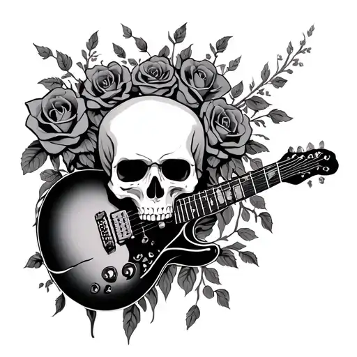 Skull And Guitar With Roses Growing