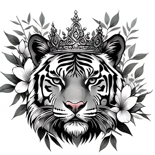 Tiger Head In Bamboo Forest Wearing A Crown Surrounded By Bold Flowers