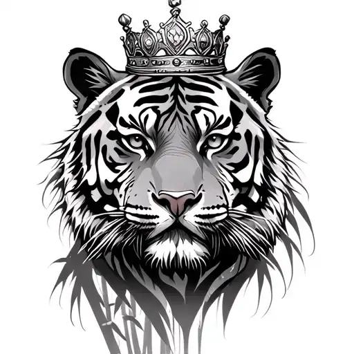 Tiger Head In Bamboo Forest Wearing A Crown