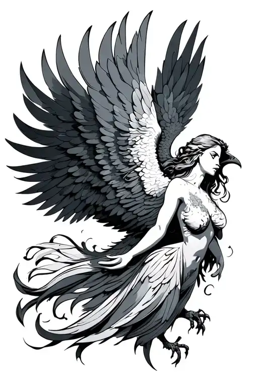 Phoenix With Outstretched Wings And Woman