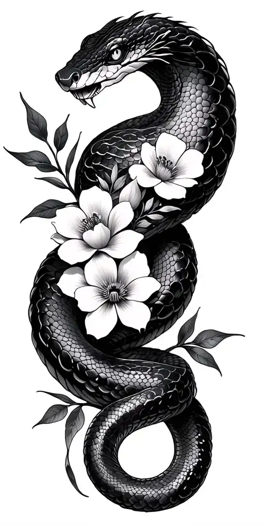 Japanese Snake Wrapped Round Blade With Flowers