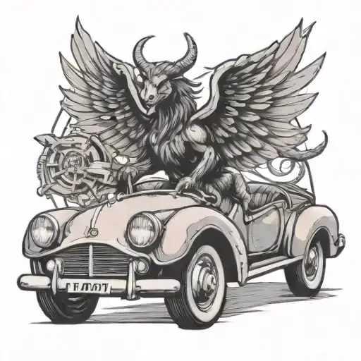 A Black-grey Tattoo Of A Mythical Creature With Wings Driving A Vintage Car