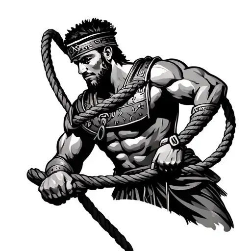 A Black-grey Tattoo Of A Roman Gladiator Holding A Crossfit Rope As If Preparing For Battle