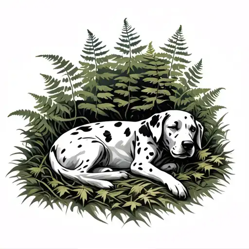 Dalmation Sleeping In Forest With Ferns