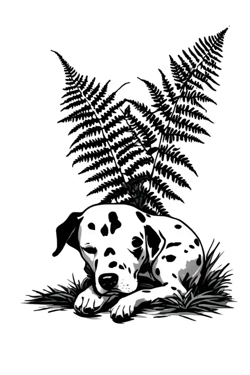 Dalmation Sleeping In Forest With Ferns In Sunbeam