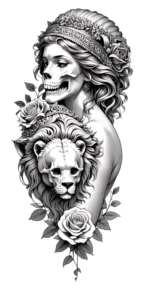Greek Goddess With Skulls A Lions Head And Roses Intertwined