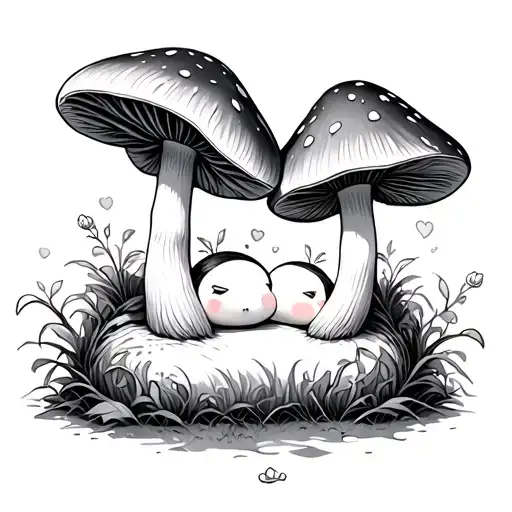 Two Mushrooms Characters In Love One Laying On Other Lap