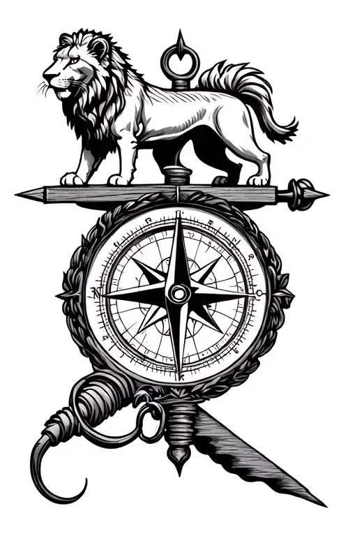 Compass With A Lion On Top Line Art