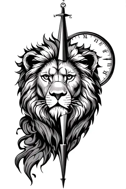 Compass With A Lion Face On Line Art