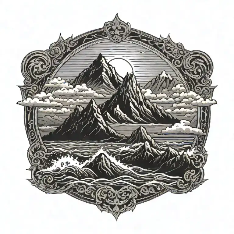 Large Mountain With Sun Clouds And Birds Surrounded By Waves Of Flood Water