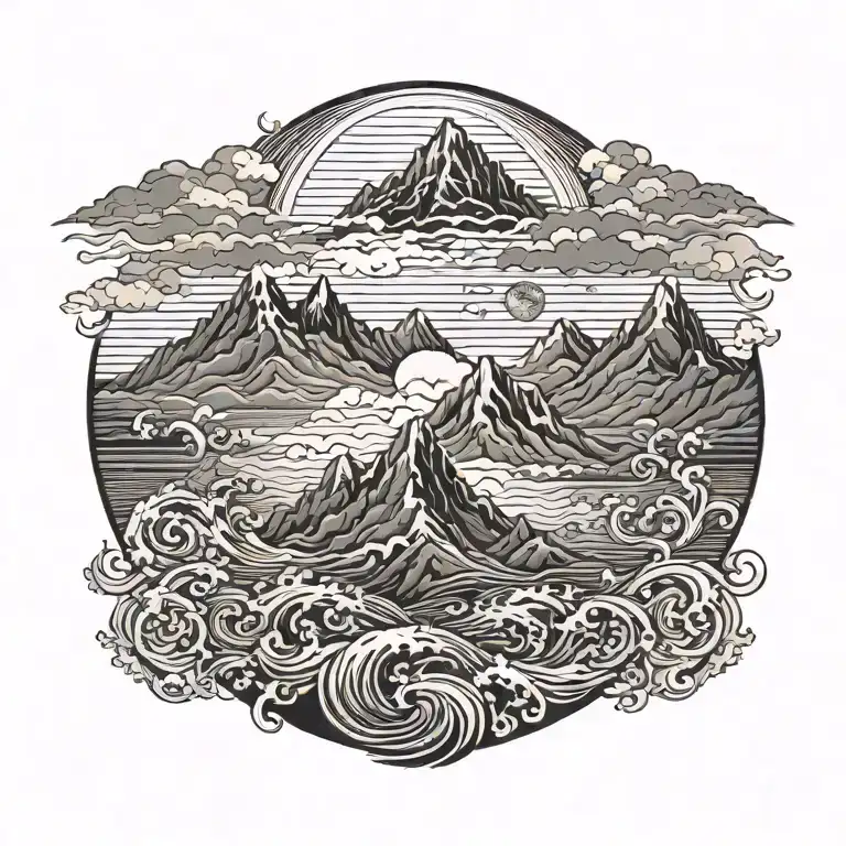 Large Mountain With Sun Clouds And Birds Surrounded By Waves Of Flood Water