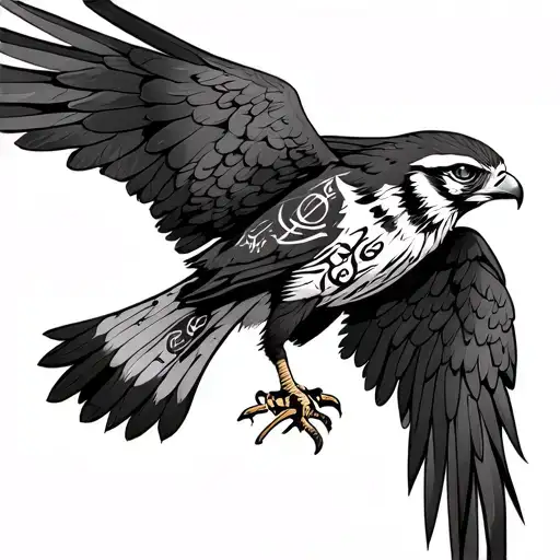 Line Art Style Top View Of A Falcon With Spread Wings And Viking Runes Hidden In The Feathers