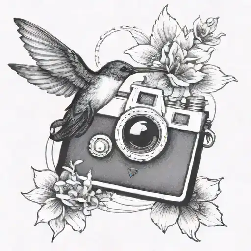 A Delicate Tattoo Of A Hummingbird Hovering Over A Vintage Film Camera