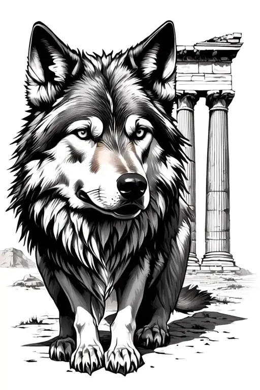 Wolf In Front Of A Greek Temple Ruins