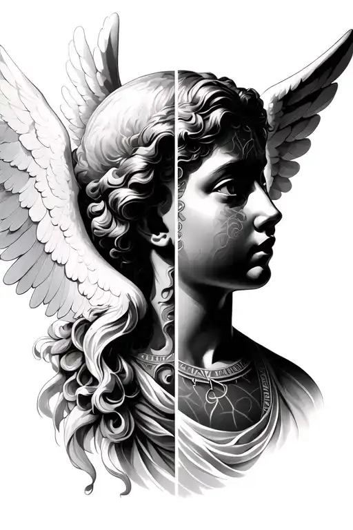 Angel Looking Up With Roman Numerals Adn Half Face Different