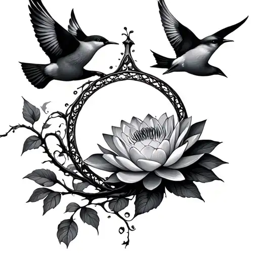 Birds Flying Rose Tree Of Life Waterlilly
