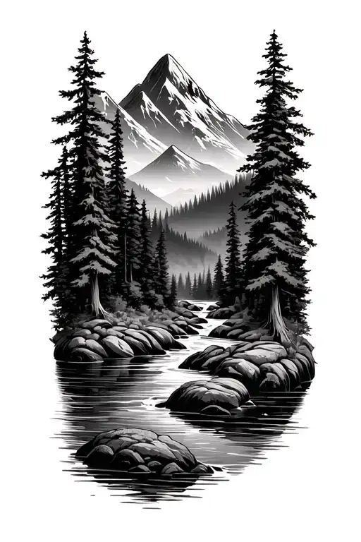 Forest With River Flowing And Mountain In Background