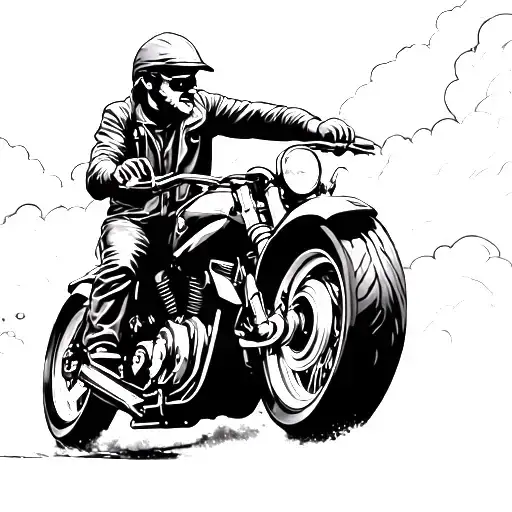Father Riding His Motorcycle Down A Winding Road Into The Clouds